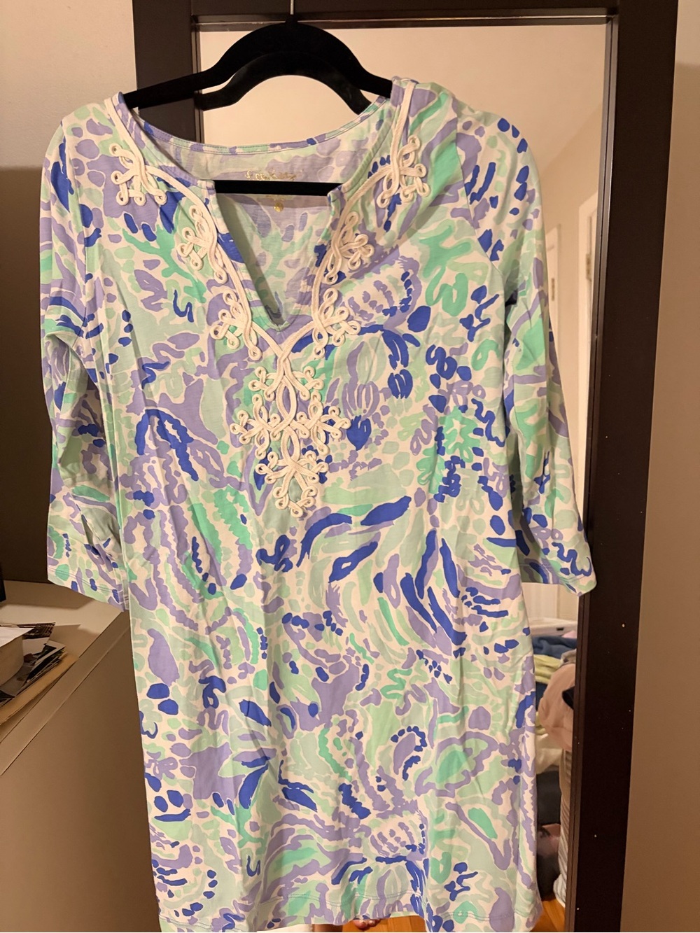 Lilly Pulitzer Marina dress Turquoise, Lavender & Mint with white crochet trim